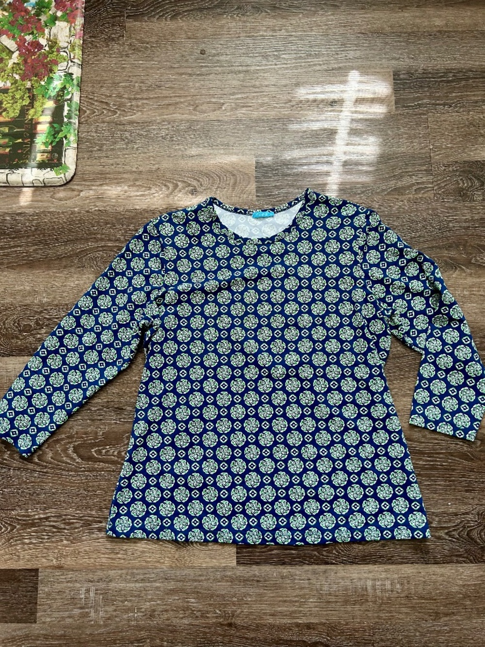 J. McLaughlin Catalina Cloth 3/4 Sleeves Top Women Navy/Green Geometric Sz XL